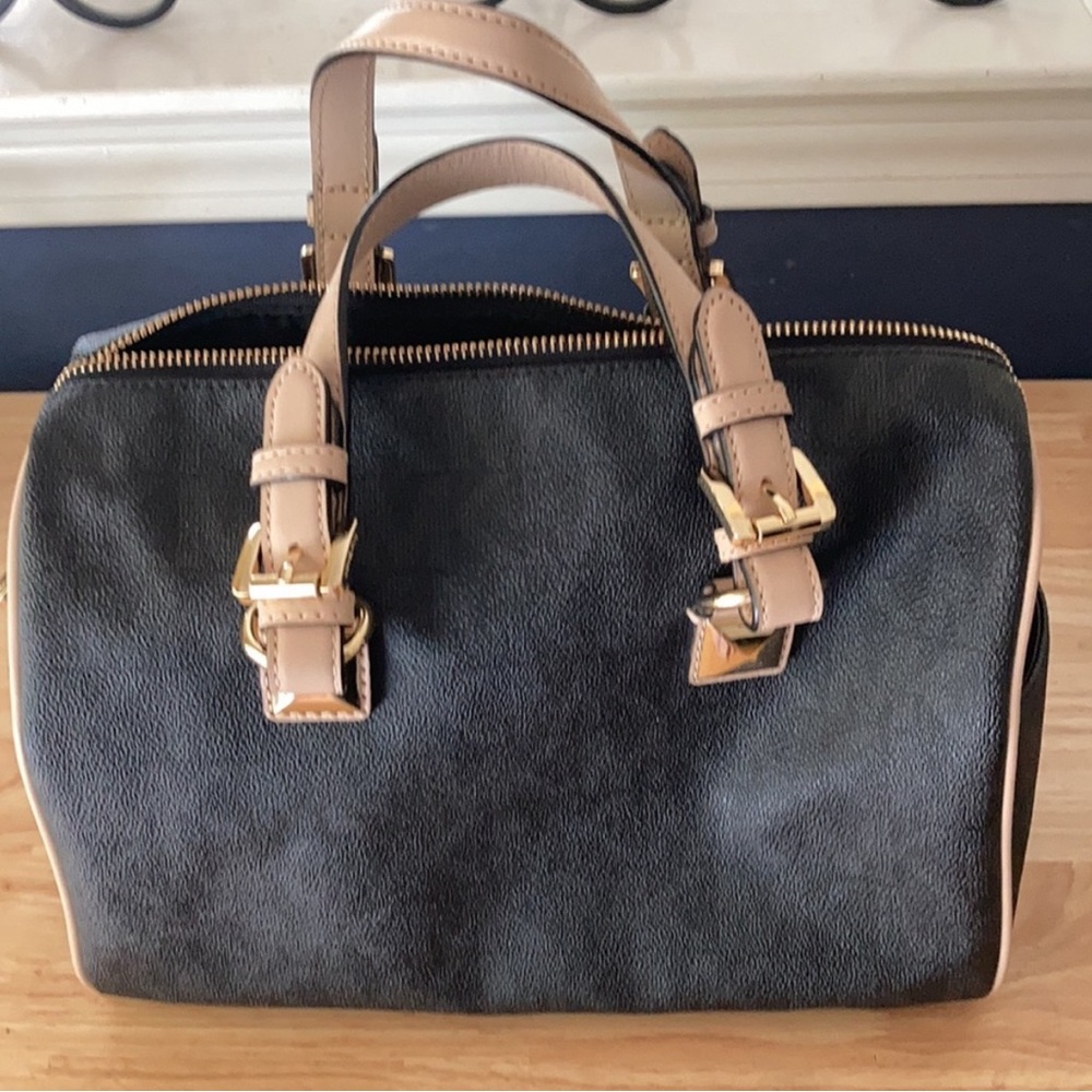 Michael Kors Black GraysonSatchel with Tan Handles and Gold Hardware